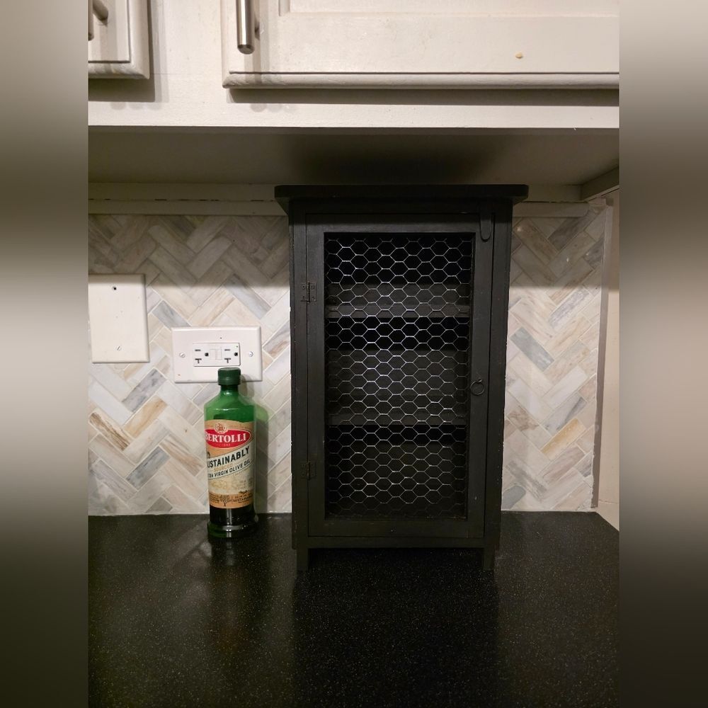 Small black Wood and Chicken Wire Mesh Vegetable Spice Storage Cabinet 17x6.5x5